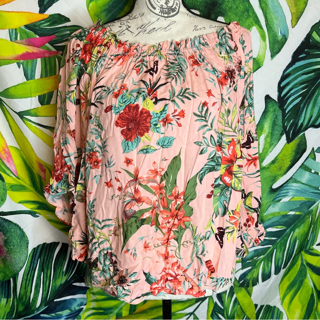 Marc New York M Peach Floral Tropical Boat Neck Casual Spring Blouse
